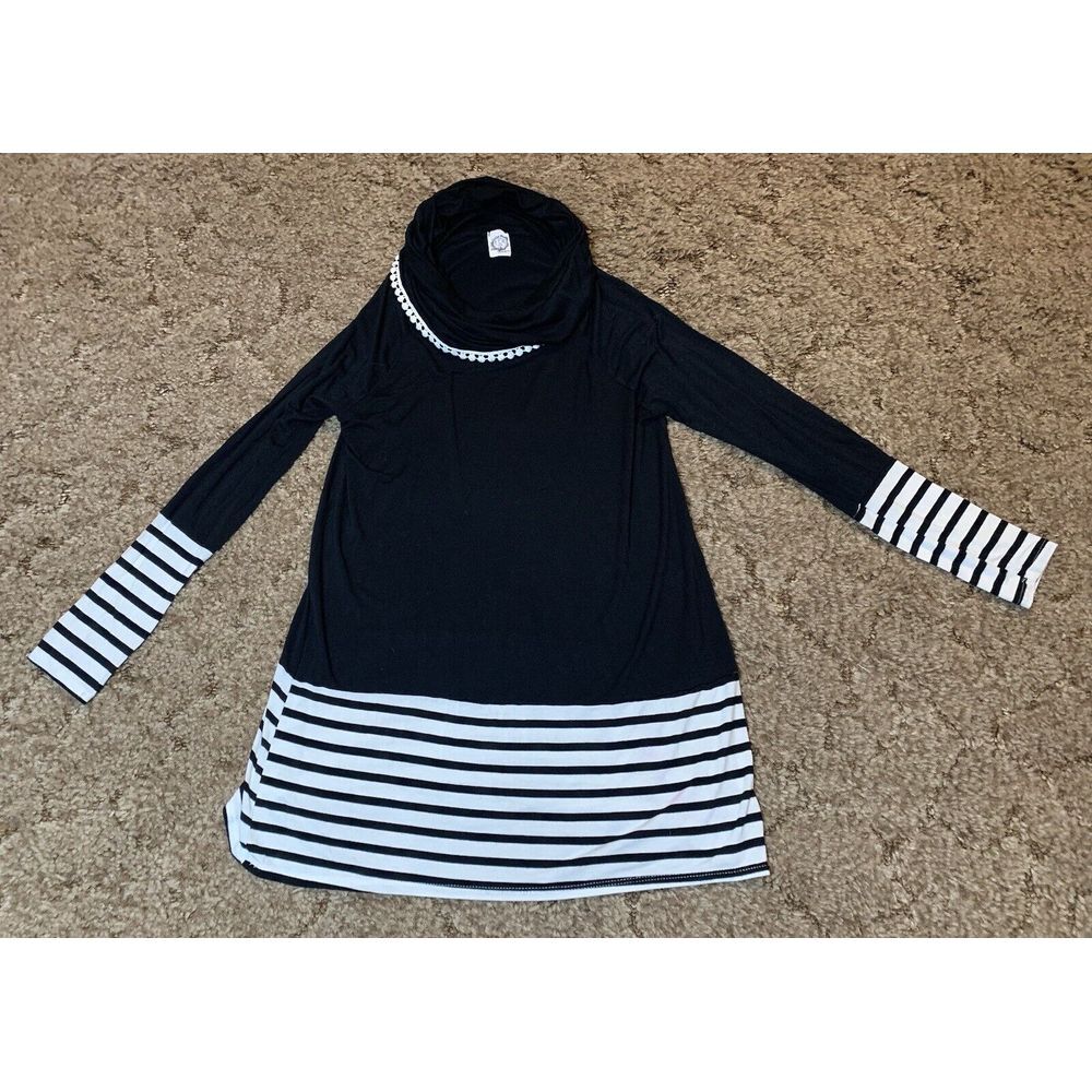 Sun & Moon‎ Tunic Womens S Black White Striped Casual Blouse Top Mock Cowl Neck